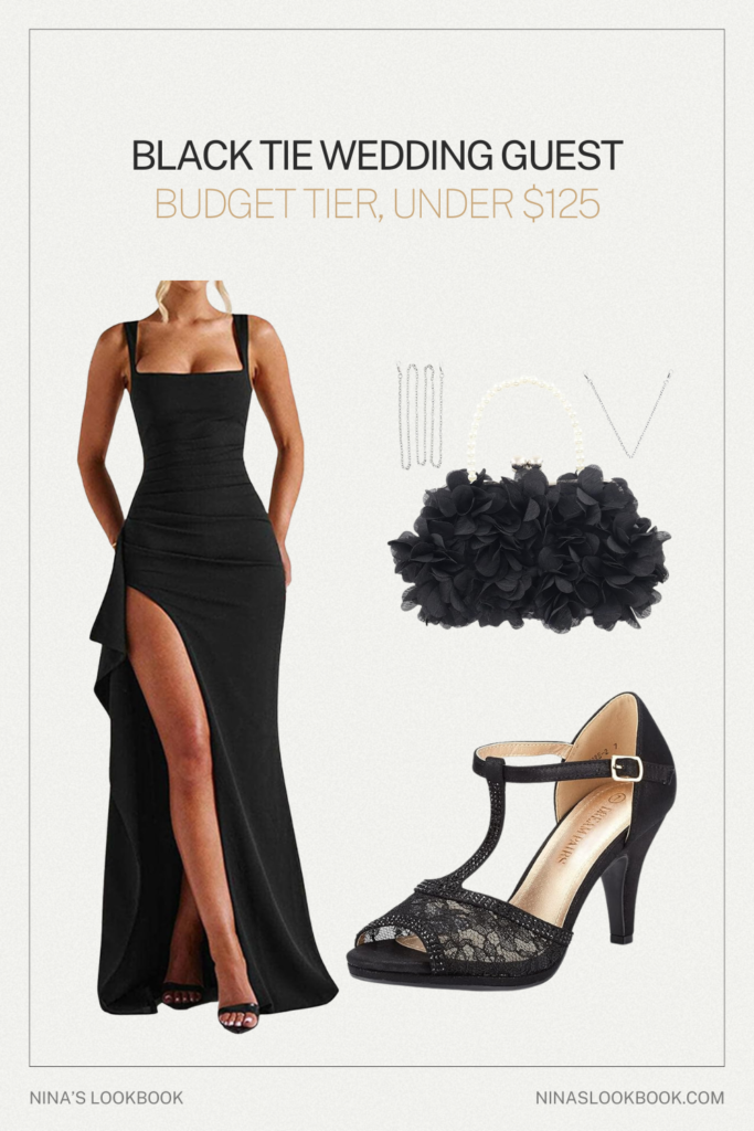 Black tie wedding guest outfit budget tier with black square-neck slit maxi gown, black lace T-strap heel, and floral clutch under $125
