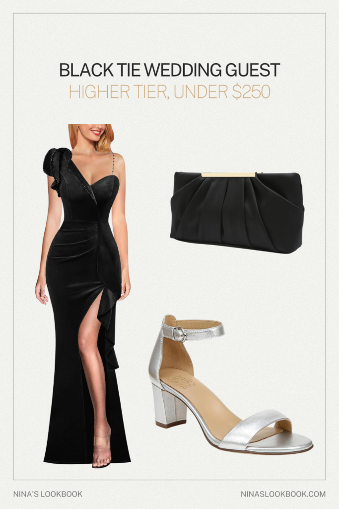 Black tie wedding guest outfit higher tier with black velvet one-shoulder ruffle gown, silver metallic block heel, and pleated satin clutch under $250