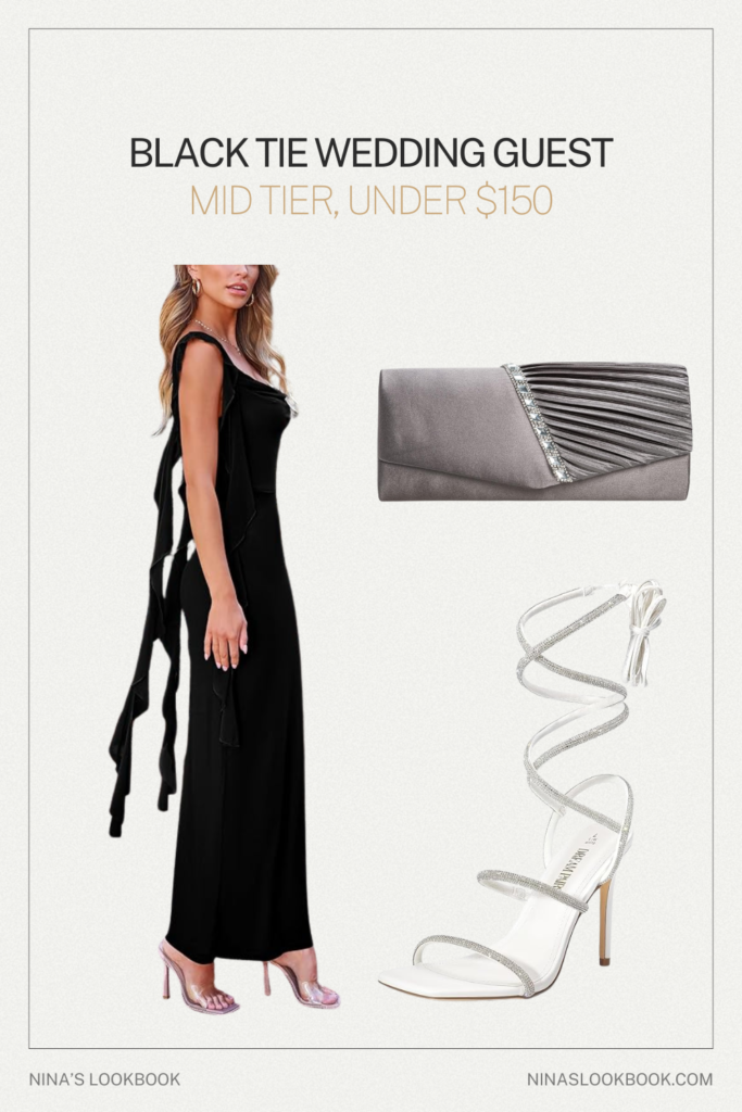 Black tie wedding guest outfit mid tier with black ruffle cascade maxi gown, gold strappy gladiator stiletto, and crystal-embellished clutch under $150