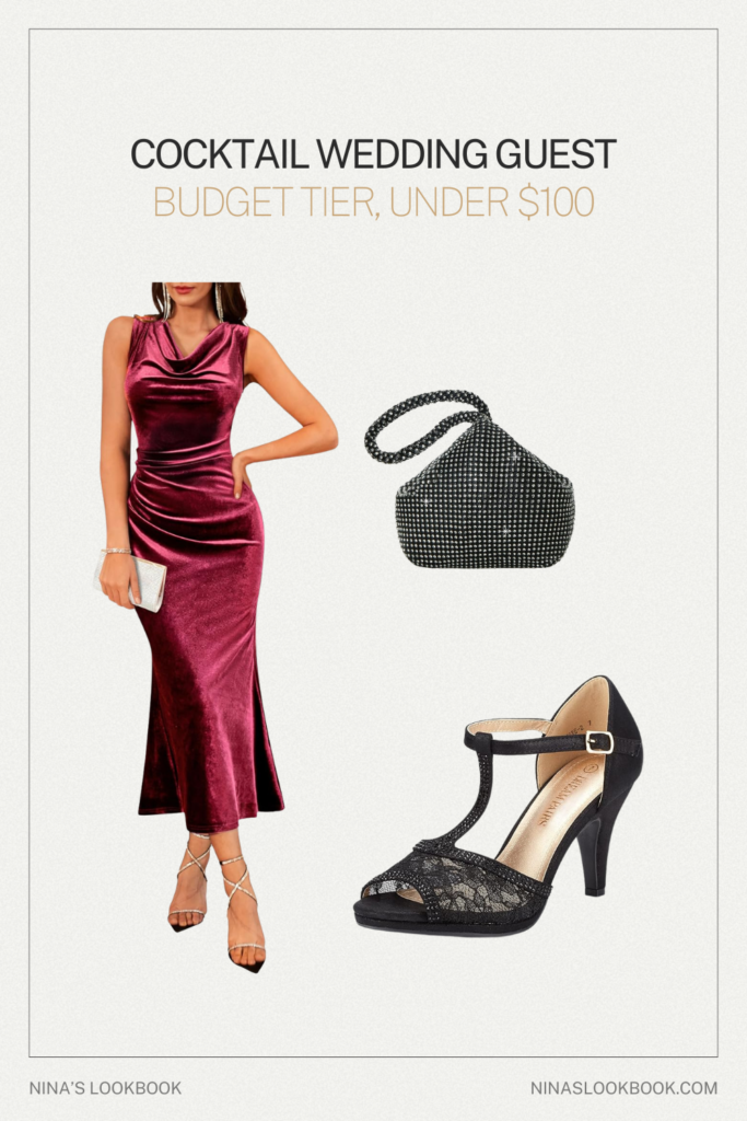 Cocktail wedding guest outfit budget tier with burgundy velvet midi dress, black lace T-strap heel, and rhinestone triangle clutch under $100