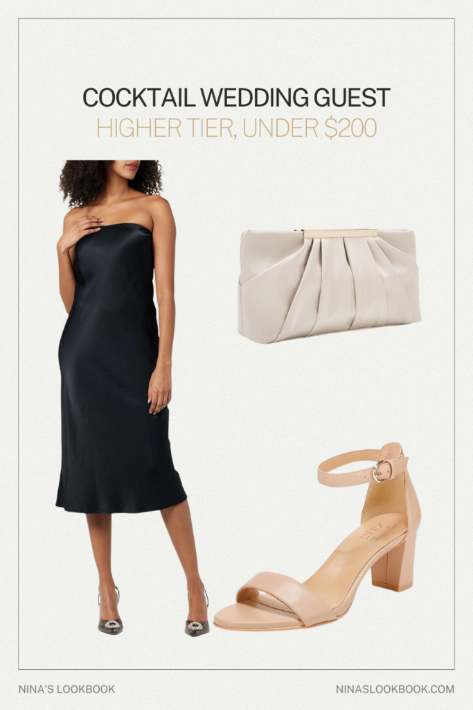 Cocktail wedding guest outfit higher tier with black satin midi dress, nude block heel sandal, and pleated satin clutch under $200