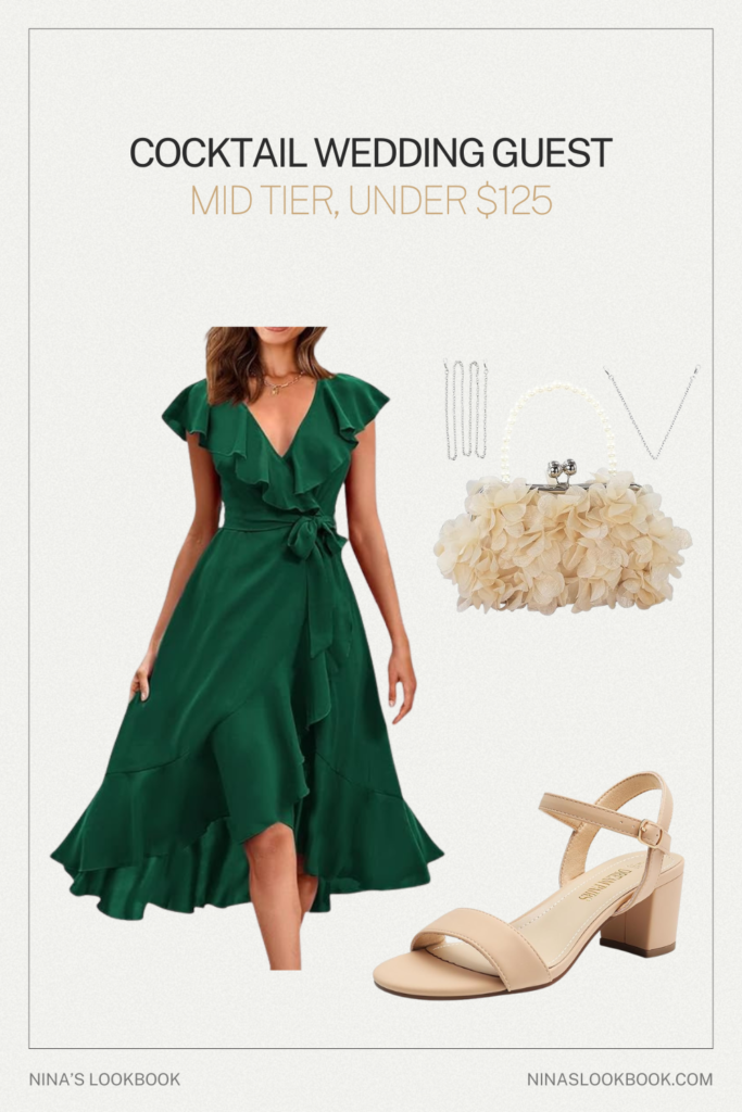 Cocktail wedding guest outfit mid tier with green ruffle midi dress, nude block heel sandal, and floral evening clutch under $125