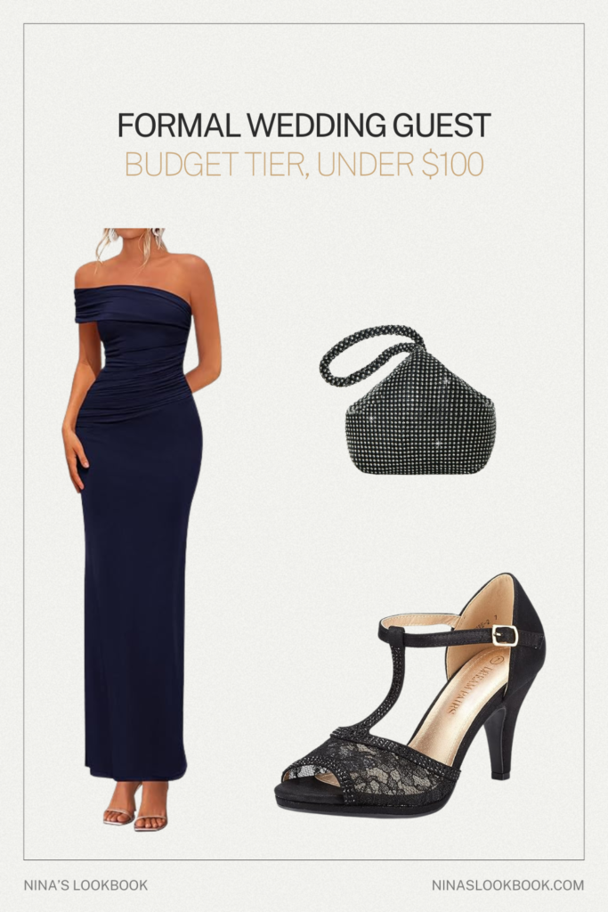 Formal wedding guest outfit budget tier with navy off-shoulder ruched gown, black lace T-strap heel, and rhinestone triangle clutch under $100