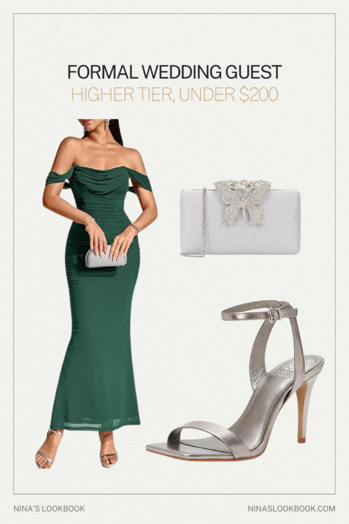 Formal wedding guest outfit higher tier with emerald off-shoulder corset gown, silver metallic strappy heel, and crystal butterfly clutch under $200