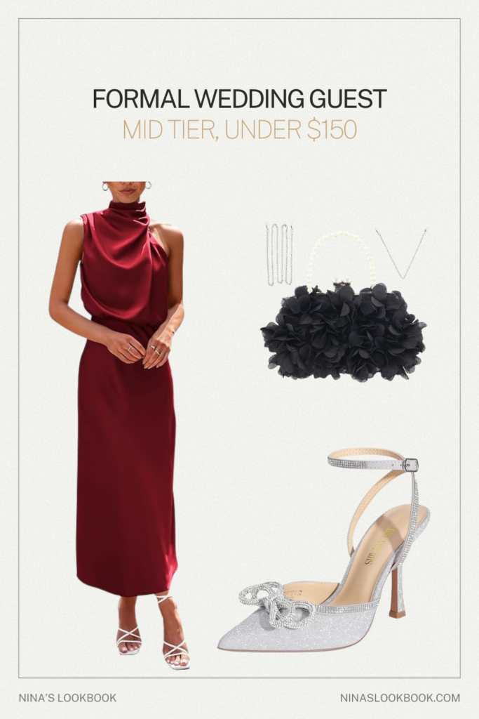 Formal wedding guest outfit mid tier with burgundy mock neck satin gown, silver rhinestone closed-toe pump, and floral evening clutch under $150