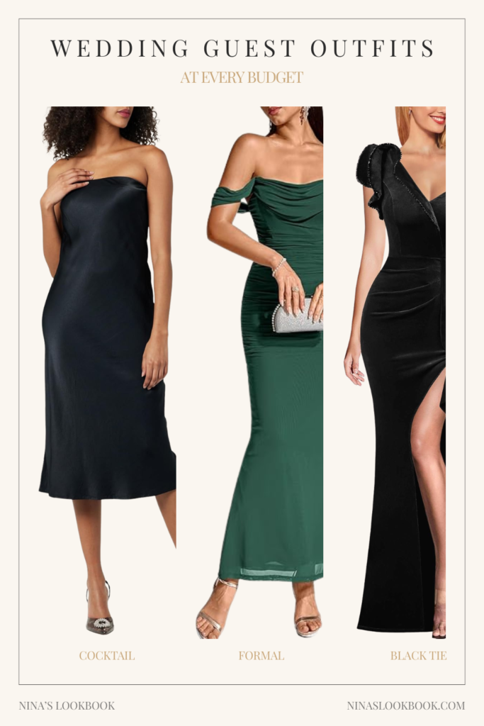 Wedding guest outfits at every budget across cocktail, formal, and black tie dress codes